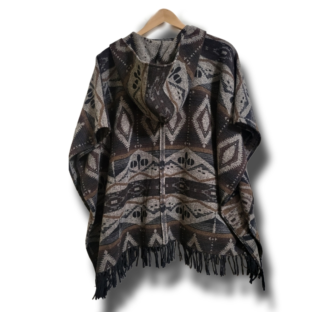 🌿Artisan Crafted Women's Medium Boho Hooded Cape Fringed Cardigan - Picture 8 of 11